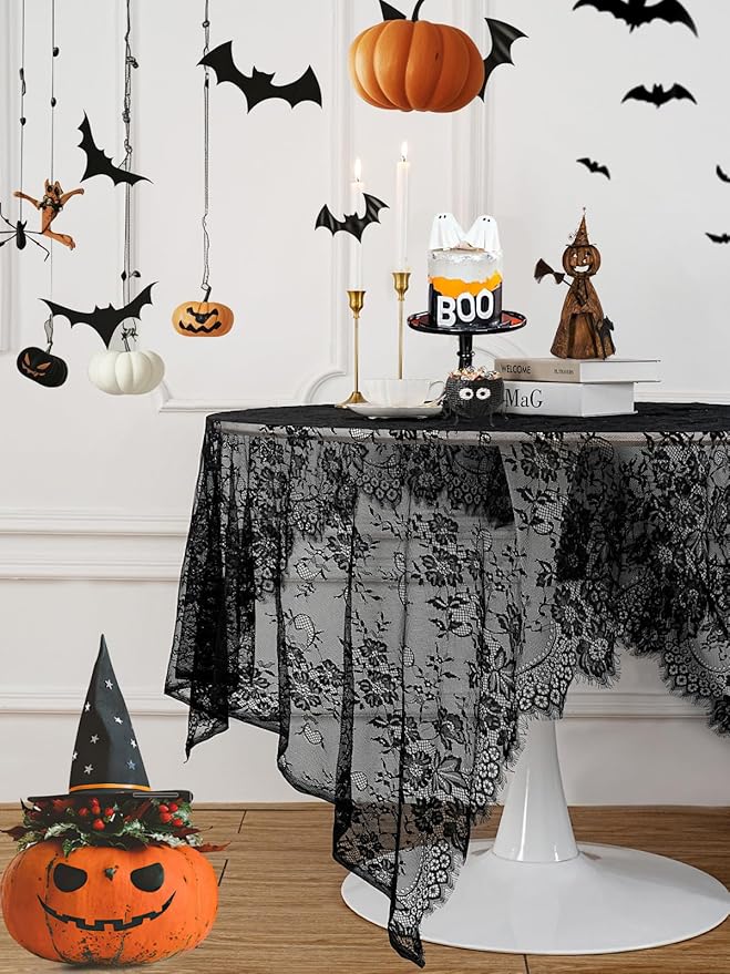 Black Tablecloth Halloween Lace Table Fabric 2pcs 60x120 Inch for Scary Movies Rustic Wedding Bridal Shower Party Decoration Rectangle Overlay Vintage Embroidered Reception Table Cloth Decor