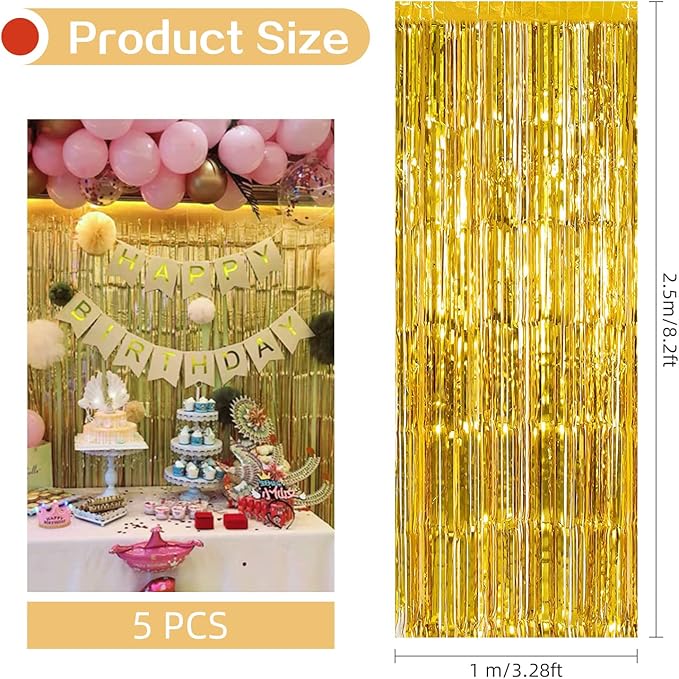 5 Pack Gold Fringe Backdrop 3.2ft x 8.2ft Foil Curtain Tinsel Foil Fringe Curtains Backdrop Tinsel Backdrop Streamers for Birthday Curtain Party Decoration Wedding Christmas Decoration (Gold)