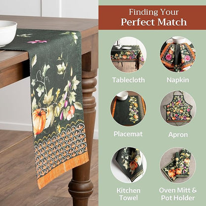 Maison d' Hermine Table Runner 100% Cotton Double Layer Table Runners 108 inches Long for Thanksgiving Christmas Decorations Home Kitchen Dining Wedding (Pumpkin Garden - Dark Green, 14.5" x 108")