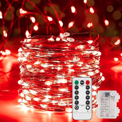 2 Pack 16.4 Ft. Battery Operated Outdoor String Lights with Remote & Timer, LED Red Fairy Lights, Waterproof Twinkle Lights for Bedroom, Dorm, Mason Jar, Wedding, Party, Christmas
