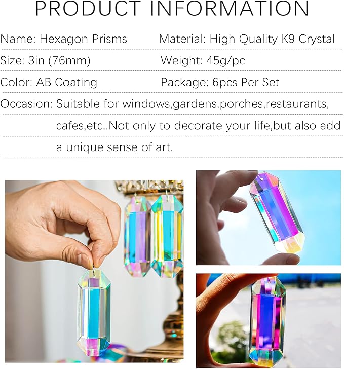 6 Pack 3'' Crystal Sun Catchers, AB Color Hanging Ornaments for Windows Sticks Prism Suncatchers for Garden Home Decor Office Living Room Windows Crystal Rainbow Maker