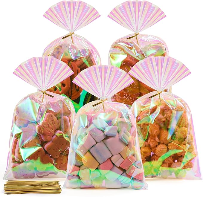 SUREHOME Cellophane Bags, 100 Pcs 6x10 Inches Clear Treat Bags with Ties Plastic Gift Bag Holographic Iridescent Pink Goodie Bag for Party Favors Wedding Candy Valentine Snack Popcorn Cookies Packing