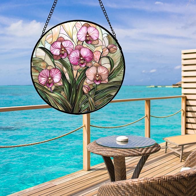 Stained Glass Window Hanging - Pink Phalaenopsis Orchid Green Leaves Sun Catcher for Door Home Decor Flower Suncatcher Christmas Mother's Day Birthday Gifts for Women Men Mom Nana 6.3 in