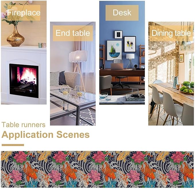 Japanese Retro Flowers Table Runner Oriental Tradition Kio Fish Art Printed Burlap Runner Home Kitchen Dining Table Living Room Decor Fabric 1 Panel W13xL90in