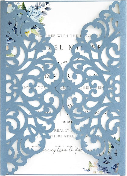 20Pcs Dusty Blue Laser Cut Invitation Cards With Blank Inner Sheets for Wedding Cards Bridal Shower Engagement Quinceanera Invitation (No Envelopes)