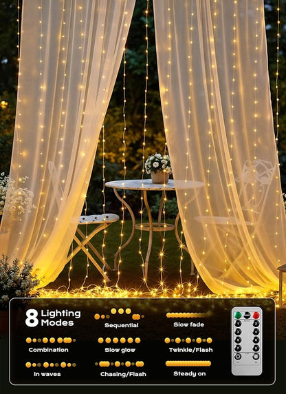 Brightown 600 LED Curtain String Lights, 20 FT Hanging Fairy Lights with Remote, 8 Modes, Waterproof Window Lights for Bedroom Backdrop Wedding Outdoor Christmas Party, Warm White