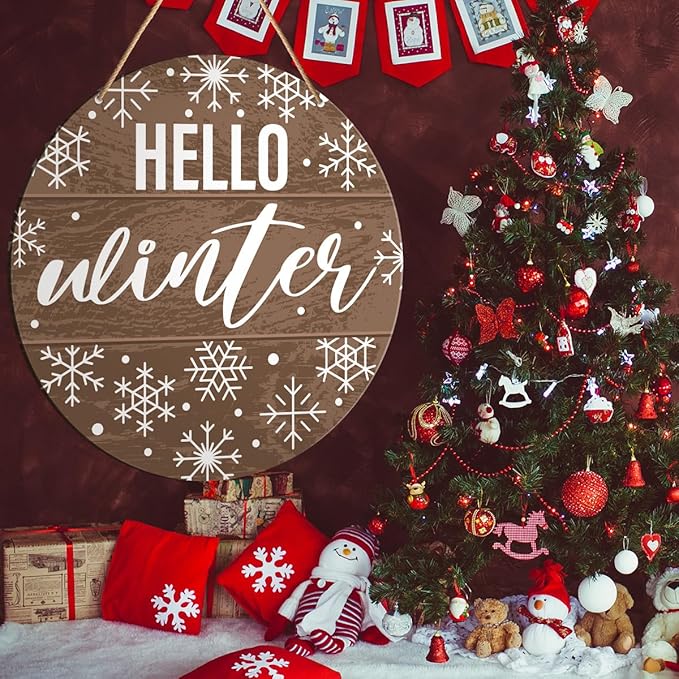 Muktoujaumai Hello Winter Sign Front Door Decor, Christmas Round Hanging Sign Decor Rustic Snowflake Xmas Holiday Wall Decorations Winter Wood Sign for Door, Porch, Home, Welcome Winter