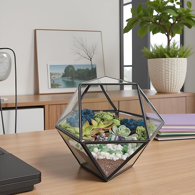 DIY 7" Geometric Terrarium Kit - Build Your Own Glass Terrarium for Adults & Kids with Moss, Crystals, Tools & Decorative Figurine - Mini Ecosystem - Handcrafted in The USA