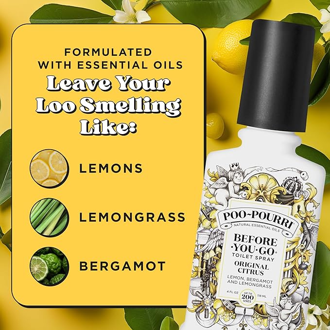 Poo-Pourri Before-You-Go Toilet Spray, Original Citrus, 4 Fl Oz, Up to 200 Uses, Bathroom Odor Deodorizer, Plant-Based with Essential Oils, for Home or Work, Lemon, Bergamot and Lemongrass Scent