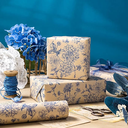 WRAPAHOLIC Kraft Blue Floral Wrapping Paper - Mini Roll - 17 Inch x 16.5 Feet - Vintage Blue Toile De Jouy Flower Wrapping Paper Perfect for Wedding, Birthday, Bridal Shower, Tea Party