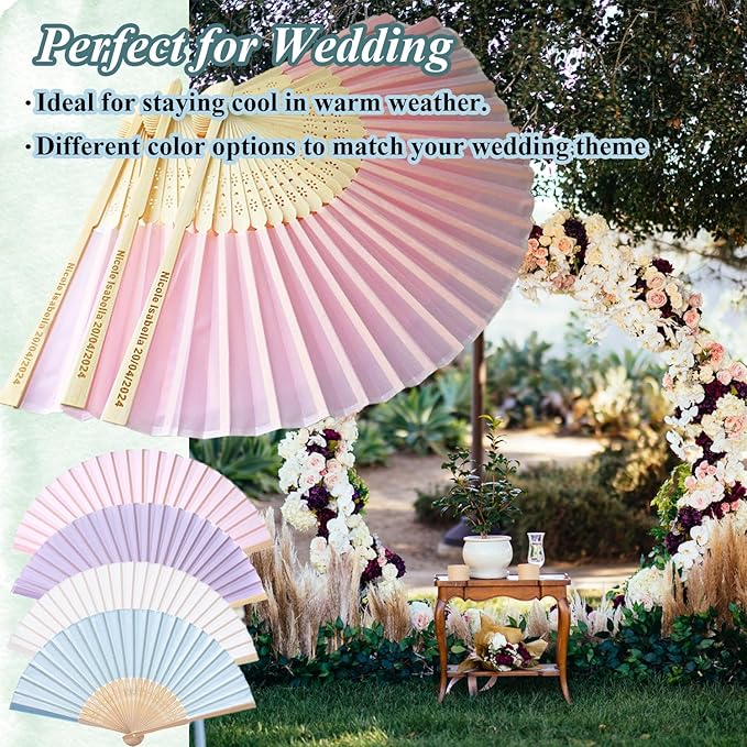 70 Pcs Personalized Pink Wedding Folding Fans for Guests, Custom Engraved Summer Wedding Fans, Folded Hand Fans for Wedding Favors, Vintage Silk Handheld Fans for Bridal Shower Decorations