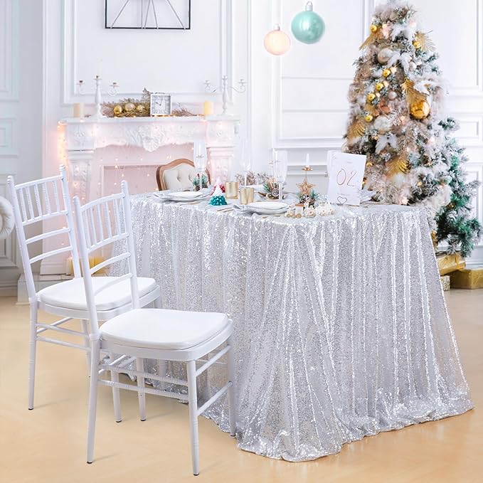 QueenDream Sequin Tablecloth 60x102 Inch Silver Tablecloth Christmas Glitter Tablecloth 6ft for Baby Shower Party Christmas Decorations