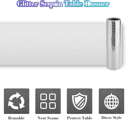 2 Packs 12x108 Inch Disco Table Runner Silver Glitter Foil for Bachelorette & Theme Party Disco Ball Decorations