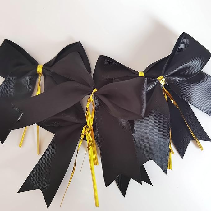 50pcs 3-1/2" Black Satin Ribbon Bows with Twist Ties Fish Tail Cutting Satin Bows(Black)