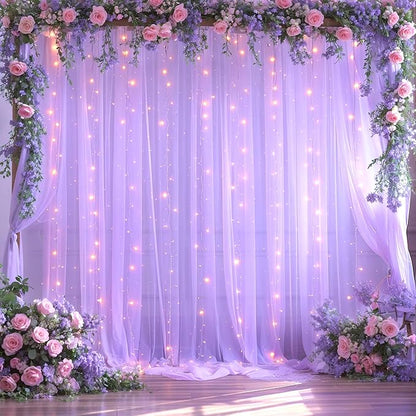 Lavender Tulle Backdrop Curtain with Lights String for Wedding Baby Shower 20×10ft Lavender Sheer Backdrop Curtain for Bridal Shower Birthday Party Photoshoot Background Decorations(4 Panels 5×10ft)