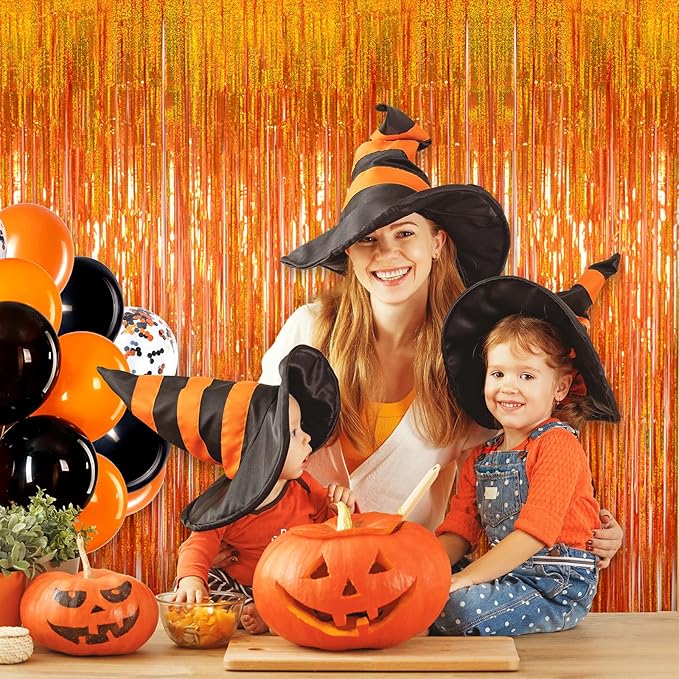 Reusable Foil fringe Curtains Halloween Decor Indoor Party Decorations - Melsan 3 Pack 3.2 x 8.2 ft Tinsel Curtain Party Photo Backdrop for Birthday Party Baby Shower or Graduation Decorations (Orange)