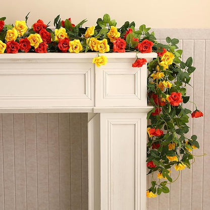 Floweroyal 4 Pack Artificial Flower Garlands 15.8FT Fake Rose Vines Silk Flowers Hanging Rose Ivy for Wedding Arch Party Home Garden Wall Decor (Orange Yellow)