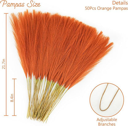 50pcs Burnt Orange Faux Pampas Grass Decor, 21.6" Short Artificial Fall Pompous Grass Floral Fake Orange Pompas Grass Branches Vase Filler Flower Arrangement for Home Wedding Fall Decor