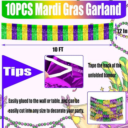 10 Pack 10 Feet Mardi Gras Foil Fringe Garland Metallic Tinsel Streamers Banner Wall Hanging Backdrop for Parade Floats, Bachelorette, Wedding, Birthday, Carnival Party Decorations(Gold Green Purple)