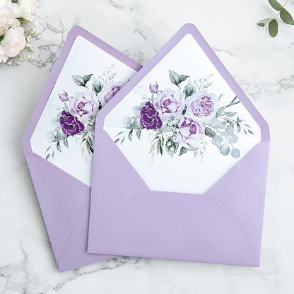 PONATIA 50PCS A7 Euro Flap Envelopes, 5.25 x 7.25'' Lilac Flowers Liner Envelopes for 5x7 Weddings Invitations, Photos, Postcards, Greeting Cards, Christmas Gift Cards, Acrylic Mailing
