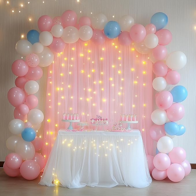 Tulle Backdrop Curtain with Lights String 10FT X 8FT Pink Sheer Tulle Backdrop Curtains for Wedding Birthday Party Reception Photo Booth Background Decorations (2 Panels 5x8FT)