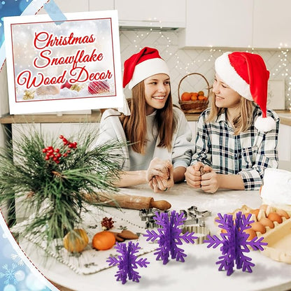 Bucherry 12 Pcs Wooden Snowflake Table Decor 3D Snowflake Tabletop Signs and Centerpiece for Christmas Xmas Winter Wonderland Decorations Home Party(Purple)