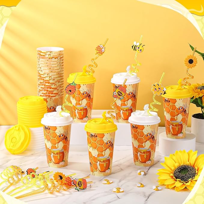 Yungyan 16 Sets Honey Bee Party Favors Goodie Cups with Lids and Straws for Birthday Decorations Reusable 16oz Plastic Candy Cups Plastic Straws for Birthday Party(Bee)