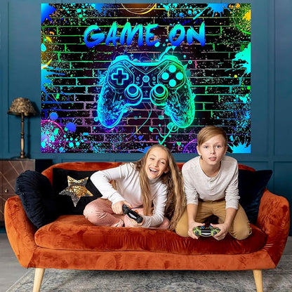 Mocsicka Game On Backdrop Video Game for Boys Level Up Birthday Party Decoration Game Night Arcade Neon Glow Gamer Banner Photography Background (Blue, 10x7ft(120"x82"))