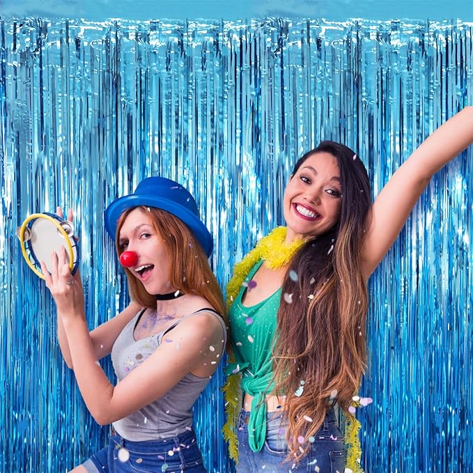 2 Pack Light Blue Tinsel Foil Fringe Curtains, Blue Party Decorations, Metallic Tinsel Party Streamers Backdrop for Birthday Baby Shower Graduation Wedding Anniversary Party Decorations