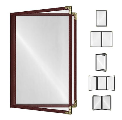 Goodsmart Restaurant Menu Covers – 25 Pack Burgundy 4-View, Side-Loading Menu Holders, Vinyl & Plastic Café Menu Covers, Clear Menu Sleeves, Fits 5.5" x 8.5", Leather-Style Design, Gold Corners