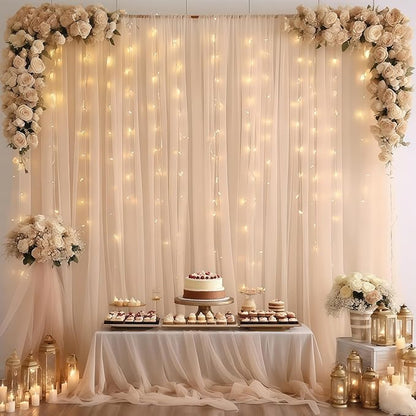 10×10ft Champagne Tulle Backdrop Curtain with Lights String for Parites, Sheer Photo Curtain Backdrop Drapes for Wedding Party Photography Backgrounds