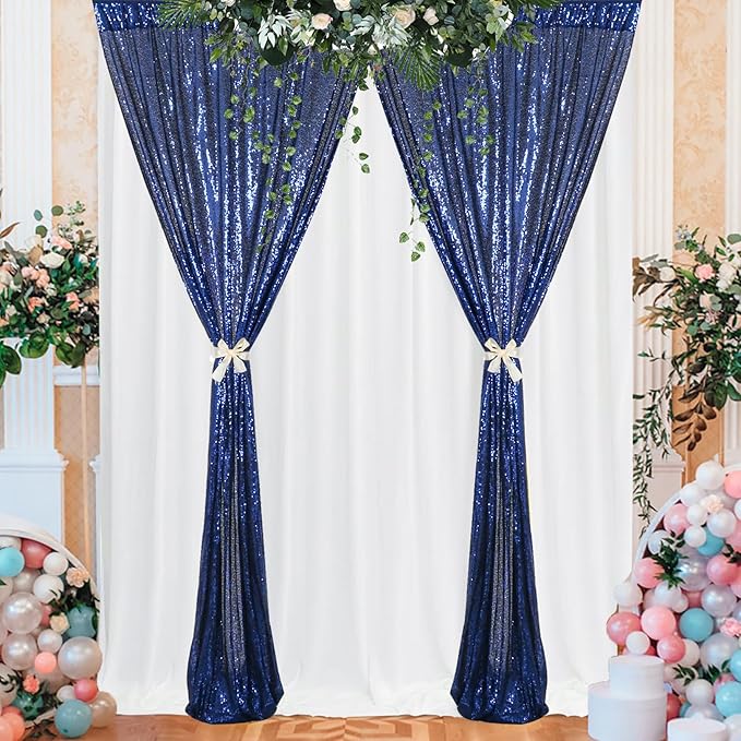 ShinyBeauty Navy Blue Sequin Backdrop 4x10ft (4 Panels) - Christmas Party Photo Booth, Winter Wedding Decor, Sparkle Curtain