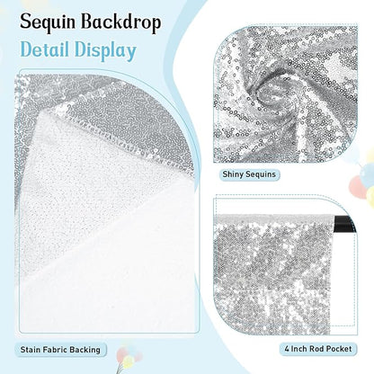 SquarePie Sequin Backdrop Curtain Not See Through Thick Background for Party 4FT x 8FT Silver