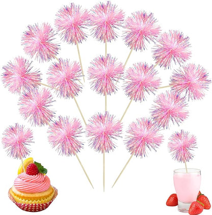 Ephlyn 30Pcs Foil Firework Cupcake Toppers Sparkle Tinsel Cupcake Picks Happy Birthday Cake Toppers Drink Cocktail Food Fruit Toothpicks for Baby Shower Birthday Party Supplies Pink