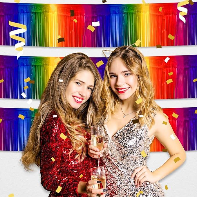 6 Pack 10 Feet Rainbow Foil Fringe Garland Metallic Tinsel Streamers Banner Wall Hanging Curtain Backdrop for Parade Floats, Birthday, Graduate, Mother's Day, Wedding Party Decoration