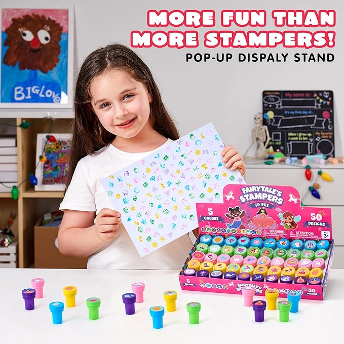 JOYIN 50 Pcs FairyTale's Themed Stamps for Kids - Self-Ink Stamps with 50 Designs for Birthday Party Favor, Carnival Prizes, Goodie Bag, Halloween, Christmas (Mermaid, Princess, Unicorn Stampers)