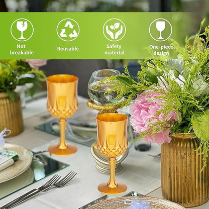 JLYLOL Plastic Vintage Wine Glasses 7OZ Plastic Goblets Vintage Drinking Glasses 48PCS Retro Wedding Glassware Water Goblets Reusable Drinking Cups for Party,Reception,Celebration,Bar,Whiskey(Amber)