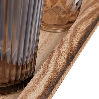 Wood Tray with 9 Brown Glass Votive Holders (Set of 10 Pieces)
