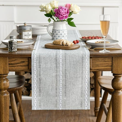 Artoid Mode Grey Rustic Cotton Linen Table Runner, Seasonal Embroidered Hollow Kitchen Dining Table Decoration for Home Party Decor 13x36 Inch