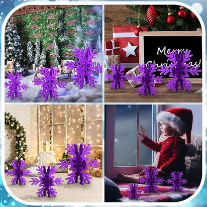 Bucherry 12 Pcs Wooden Snowflake Table Decor 3D Snowflake Tabletop Signs and Centerpiece for Christmas Xmas Winter Wonderland Decorations Home Party(Purple)
