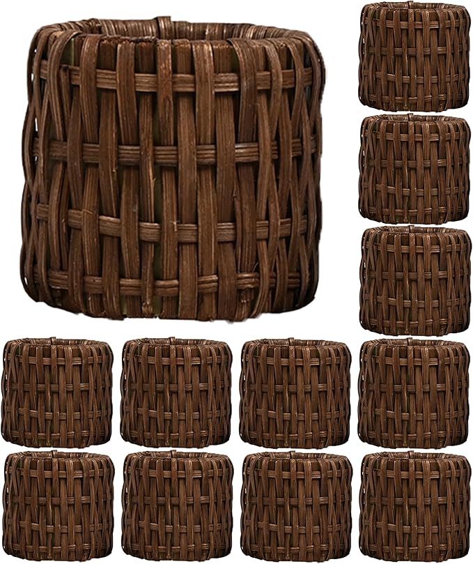 Woven Napkin Rings Set of 12, Handmade Cane Fall Napkin Rings Holders, Natural Napkin Buckles Holder Bulk for Farmhouse Wedding Thanksgiving Xmas Easter Table Décor (Brown) - CLEENTABLE