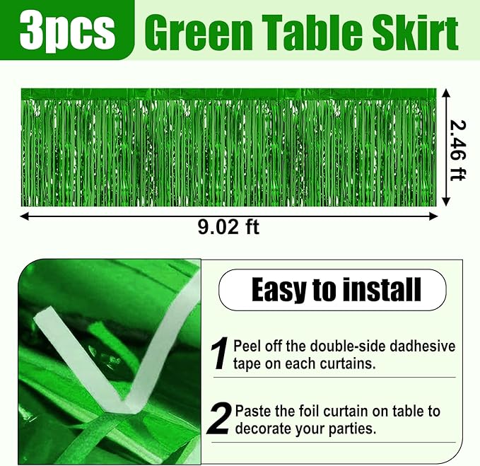 3 Pack 29x108 Inch Green Foil Fringe Table Skirts Metallic Banner for Tinsel Streamer Garland Backdrop for Parade Floats Wedding Thanksgiving Birthday Christmas Halloween Party Decoration