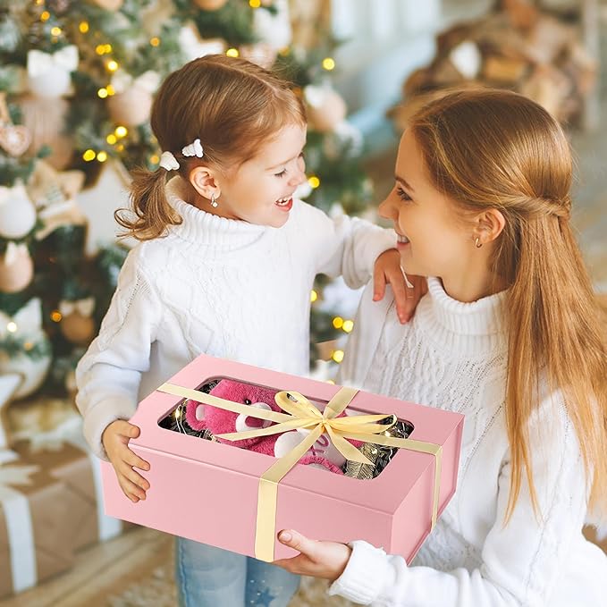 TIACABO Pink Large Gift Box with Window, 13.5"x9"x4.3" Bridesmaid Boxe for Gifts Giving,Birthday Gift Boxes with Magnetic,Closure Lid Gifts Box for Presents,Cute Boxe,Luxury for Gift Packaging