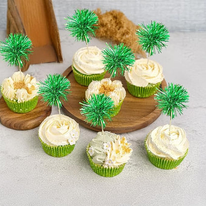 Ephlyn 30Pcs Foil Firework Cupcake Toppers Party Birthday Cake Toppers Supplies Sparkle Tinsel Cocktail Fruit Toothpick for Birthday Wedding Graduation Party Supplies Green
