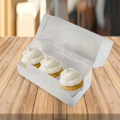 MT Products White Cupcake Boxes 9" x 4" x 3.5" - Auto Pop-Up Bakery Boxes with Window (Pack of 200) - Made in the USA