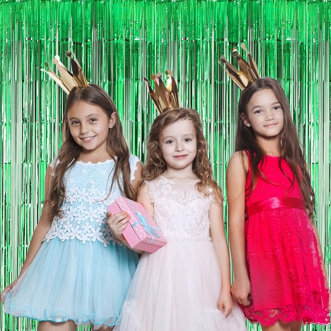 2 Pack Green Foil Fringe Backdrop Curtains, Tinsel Streamers Birthday Party Decorations, Fringe Backdrop for Graduation, Dinosaur Theme, Green Party