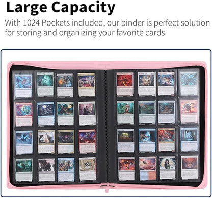 Snekdy premium 1024-pocket trading card binder, 16-pocket cards album, waterproof PU-leather Cover album with side loading, holds gaming, baseball, basketball & sports cards (Pink)