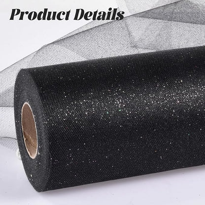 Glitter Tulle Rolls 6” by 50 Yards Sparkle Tulle Fabric Ribbon Sequin Tulle Netting Rolls for DIY Tutu Skirt Wedding Birthday Party Decoration (Black)