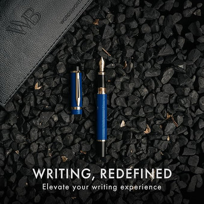 Wordsworth & Black Primori Fountain Pen Set [Blue Gold]; Fine Nib, Gift Case, 24 Ink Cartridges, Refill Converter, Manual; Journaling, Calligraphy, Smooth Writing Pens; Left and Right Handed