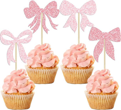 Gyufise 36Pcs Bow Cupcake Toppers Glitter Bowknot Cupcake Picks Bow Tie Birthday Decorations Princess Bow Cupcake Decorations for Bowknot Theme Baby Shower Birthday Party Supplies Multi Pink